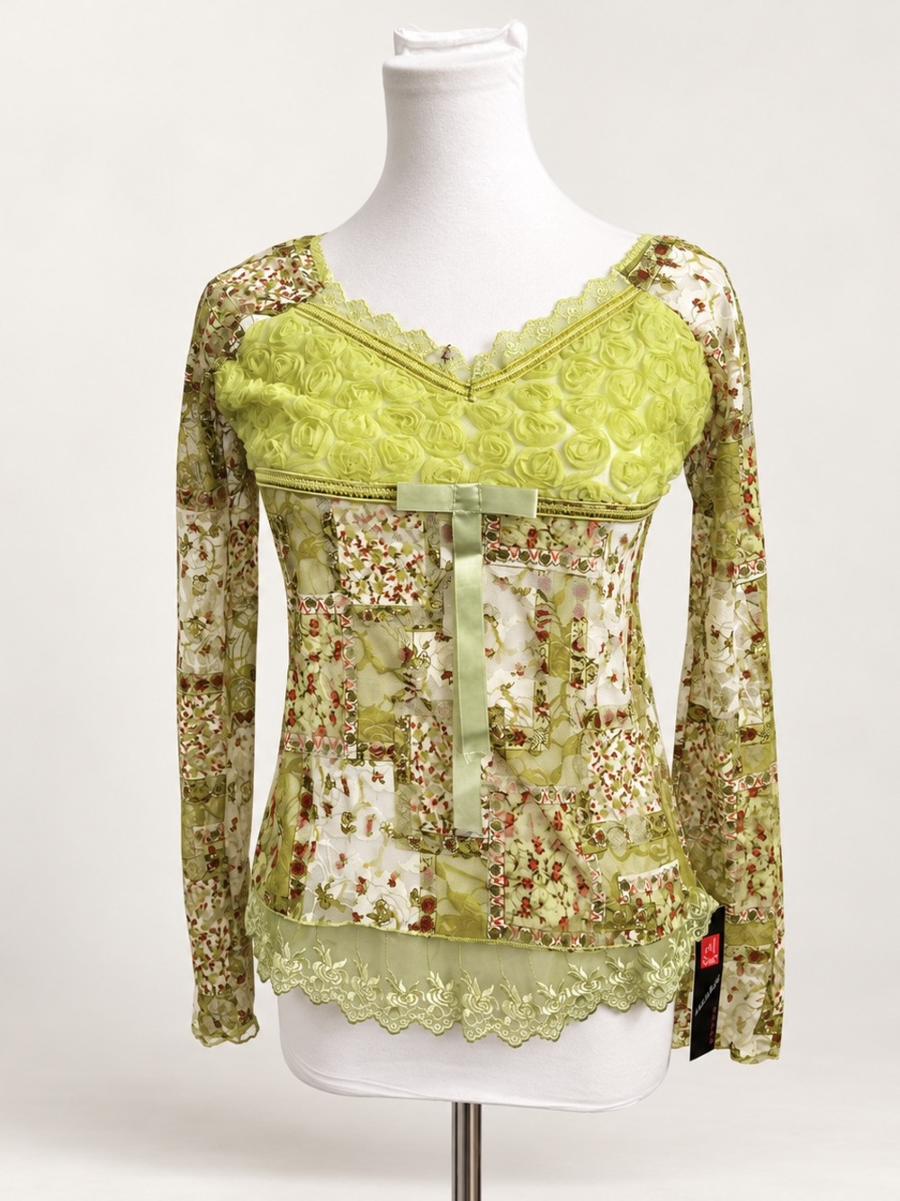 Vintage Fairycore Floral Mesh Lace Long Sleeve Top S